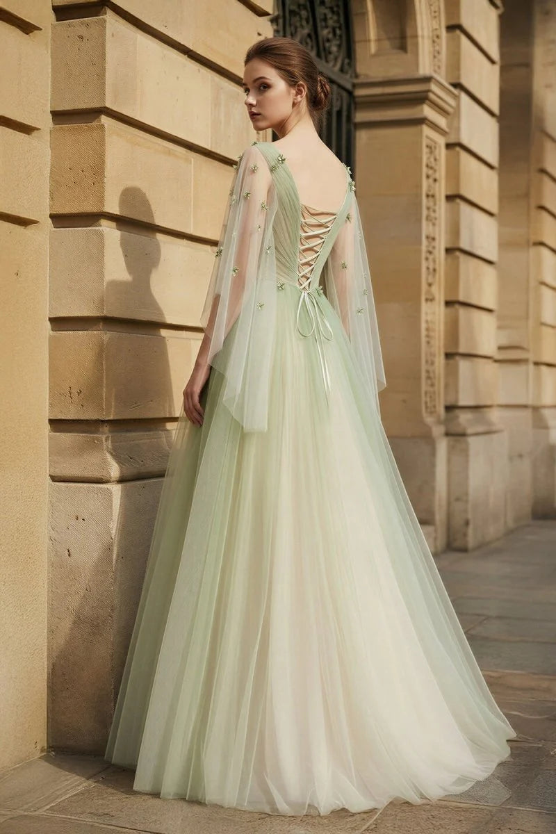 V Neck Applique Tulle A-Line Prom Dress with Sheer Sleeves and Lace-Up Back | Sevoba