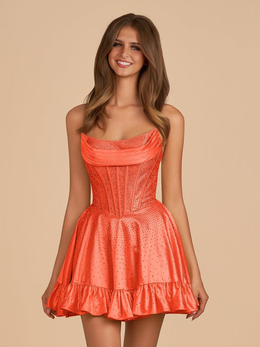 Sevoba|Bright Orange - A Line Scoop Neck Satin Corset Ruffled Homecoming Dresses With Beadings