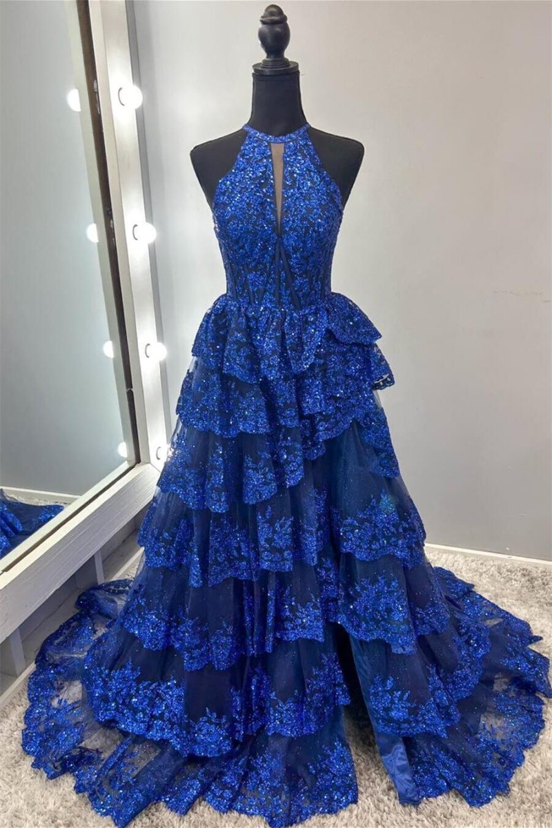 Seraphine | High Neck Sleeveless Empire Lace Tiered Long Formal Dress