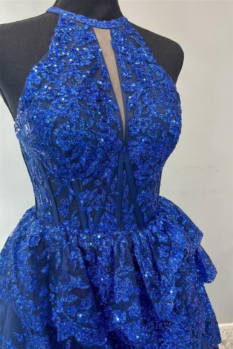 Seraphine | High Neck Sleeveless Empire Lace Tiered Long Formal Dress