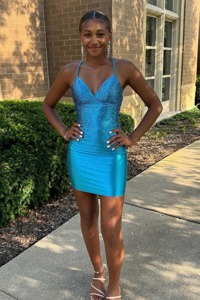 Serenella | Spaghetti Straps Beaded Lace Up Homecoming Dress