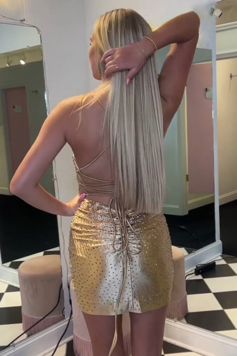 Serenella | Spaghetti Straps Beaded Lace Up Homecoming Dress