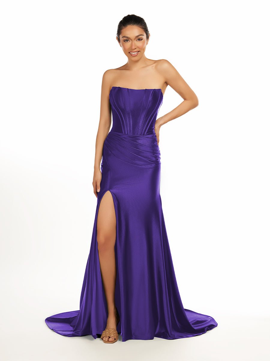 Sevoba|Dark Green Strapless Sheath Satin Long Prom Dress With Split