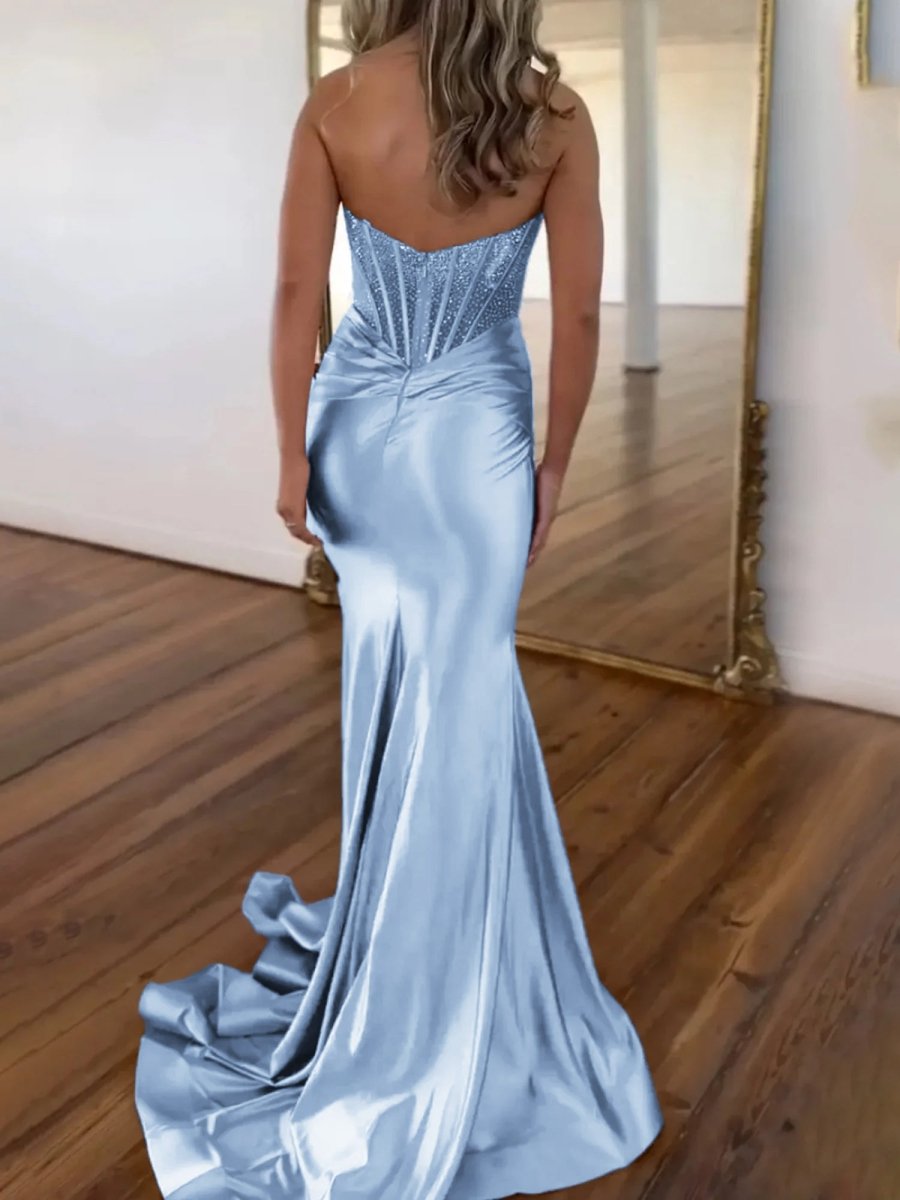 Serin | Purple Strapless Mermaid Satin Long Prom Dress With Beading