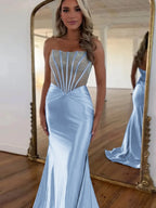 Serin | Purple Strapless Mermaid Satin Long Prom Dress With Beading