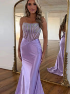Serin | Purple Strapless Mermaid Satin Long Prom Dress With Beading