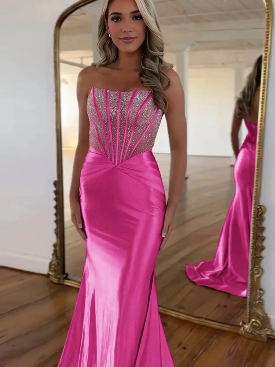 Serin | Purple Strapless Mermaid Satin Long Prom Dress With Beading
