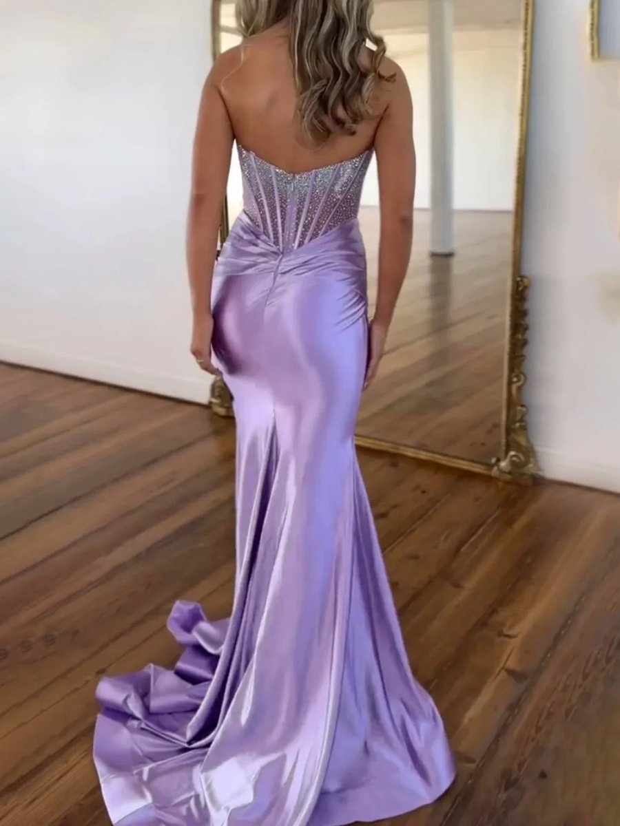 Serin | Purple Strapless Mermaid Satin Long Prom Dress With Beading