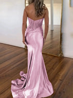 Serin | Purple Strapless Mermaid Satin Long Prom Dress With Beading