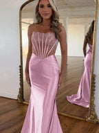 Serin | Purple Strapless Mermaid Satin Long Prom Dress With Beading