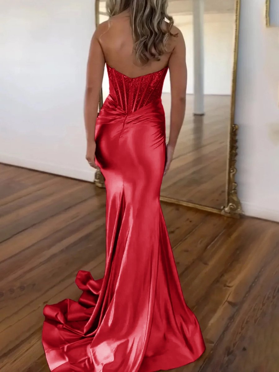 Serin | Purple Strapless Mermaid Satin Long Prom Dress With Beading