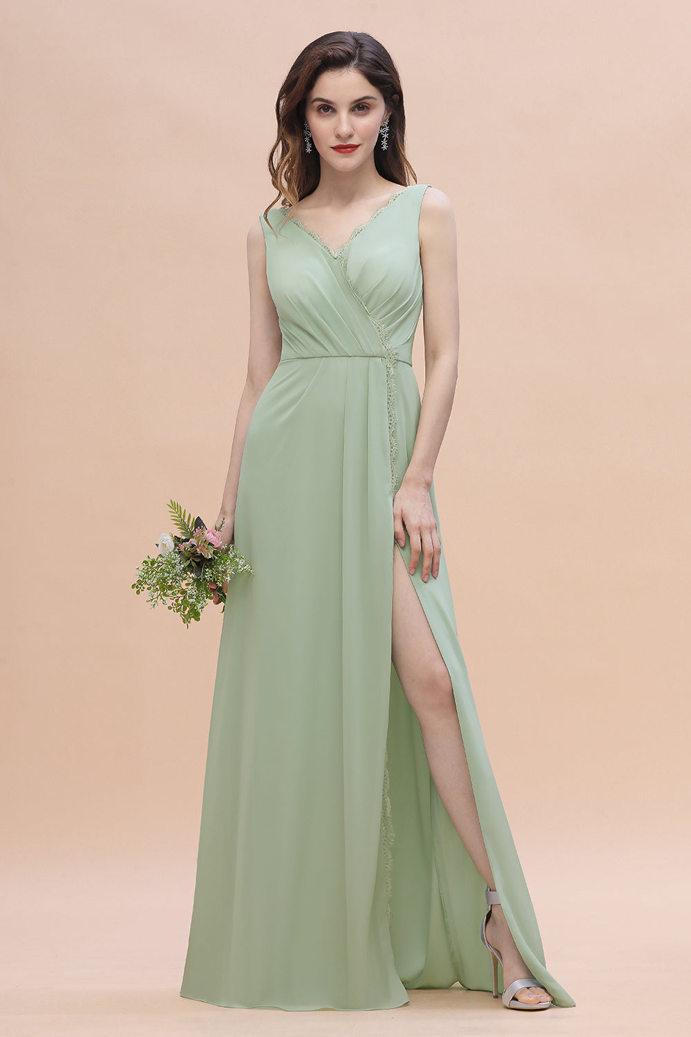 Sexy Chiffon Ruffles Dusty Sage Bridesmaid Dresses with Lace Edge On Sale