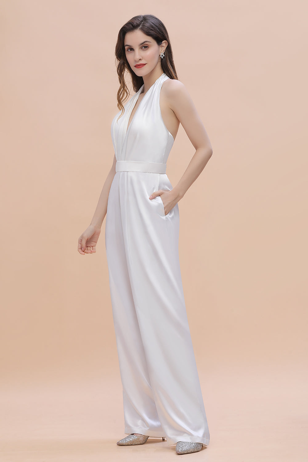 Sexy Deep-V-Neck Halter Backless Charmeuse Bridesmaid Jumpsuit