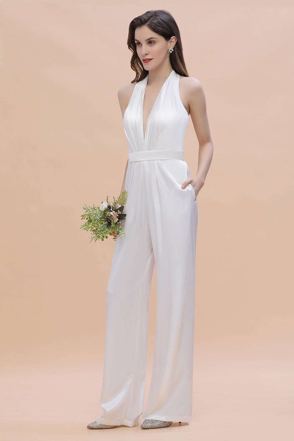 Sexy Deep-V-Neck Halter Backless Charmeuse Bridesmaid Jumpsuit