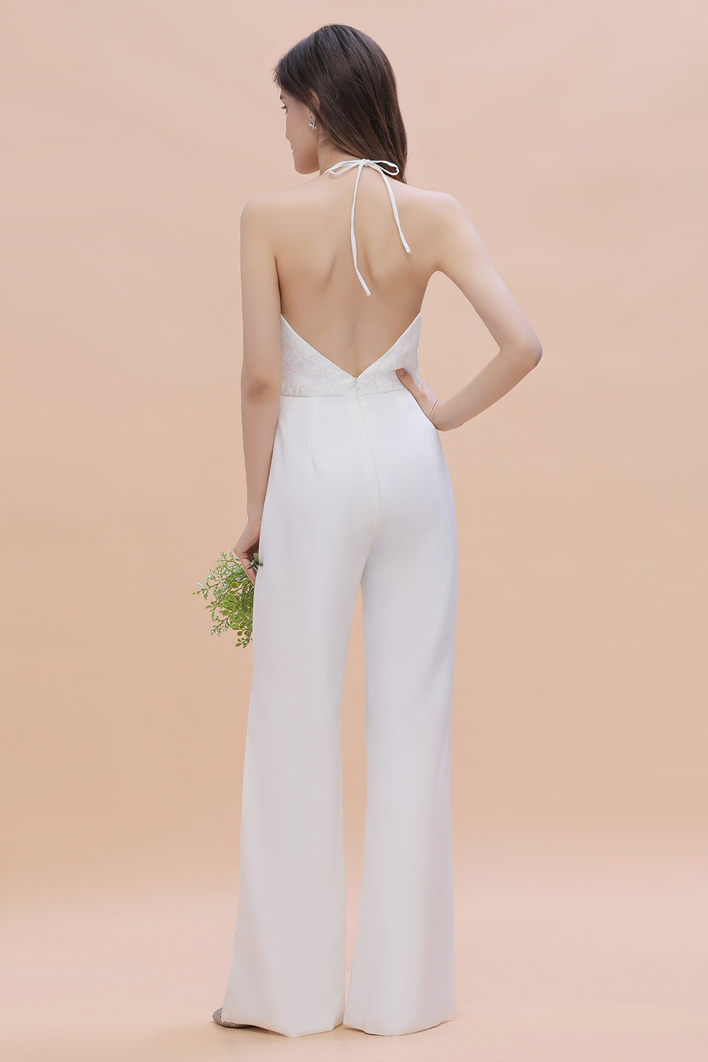 Sexy Halter Backless Lace Bridesmaid Jumpsuit with Slits On Sale