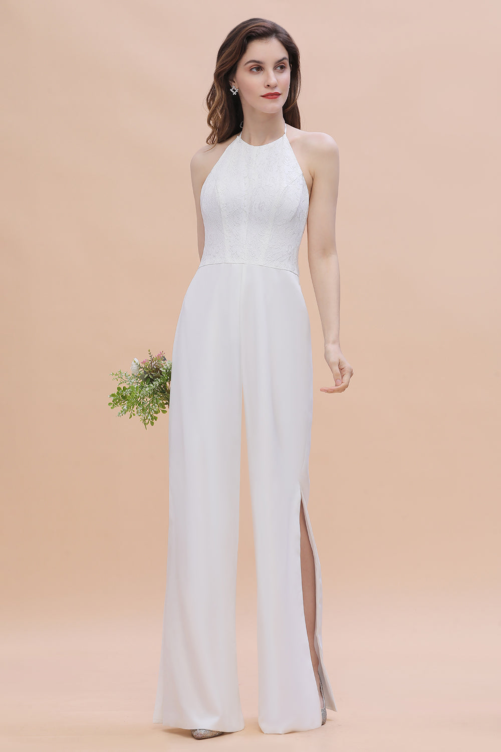 Sexy Halter Backless Lace Bridesmaid Jumpsuit with Slits On Sale