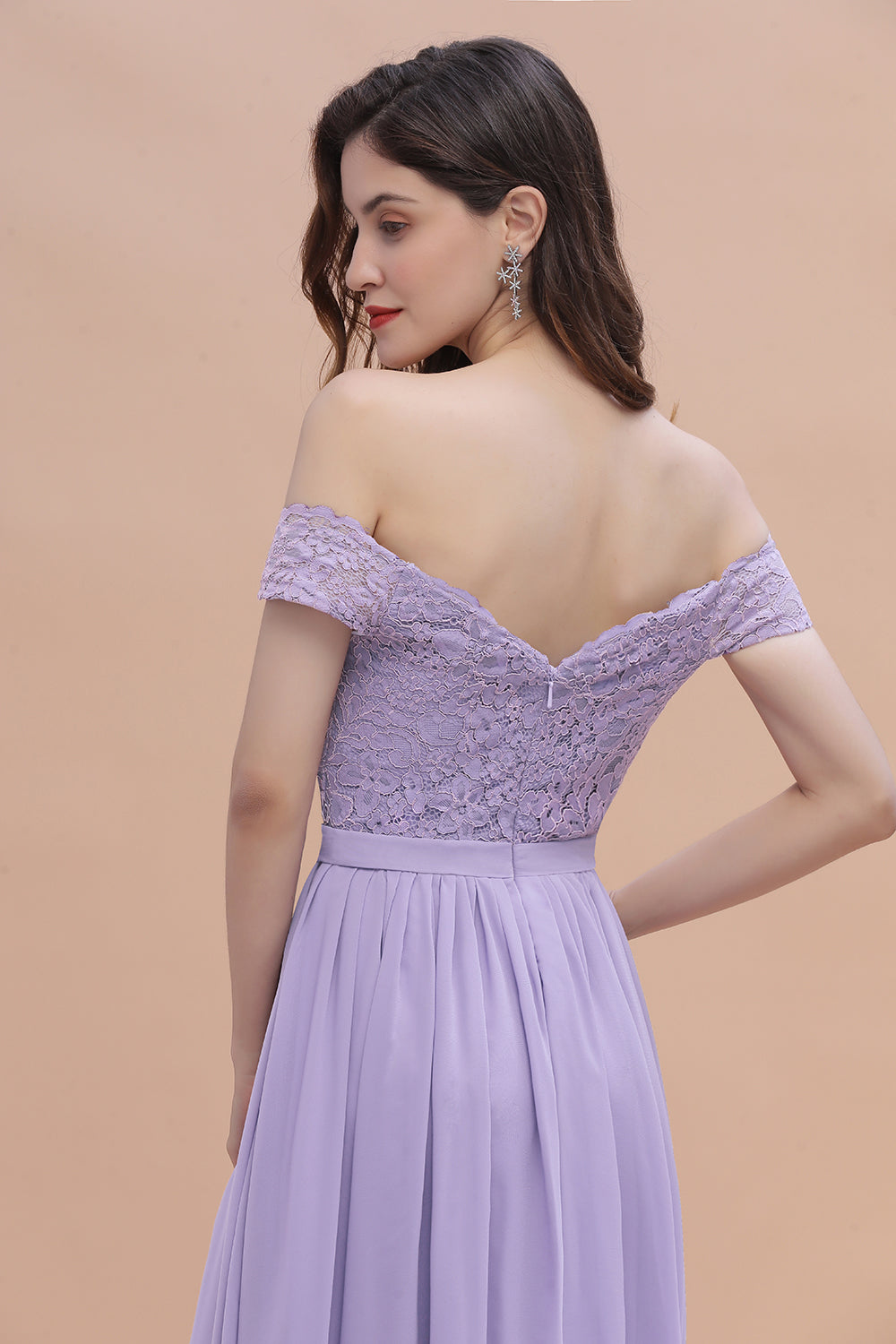 Sexy Off-the-Shoulder Lace Chiffon Ruffles Bridesmaid Dresses with Slit On Sale