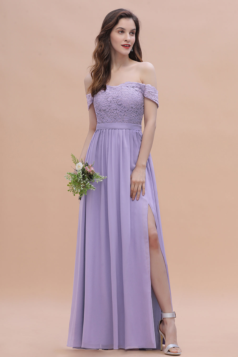 Sexy Off-the-Shoulder Lace Chiffon Ruffles Bridesmaid Dresses with Slit On Sale