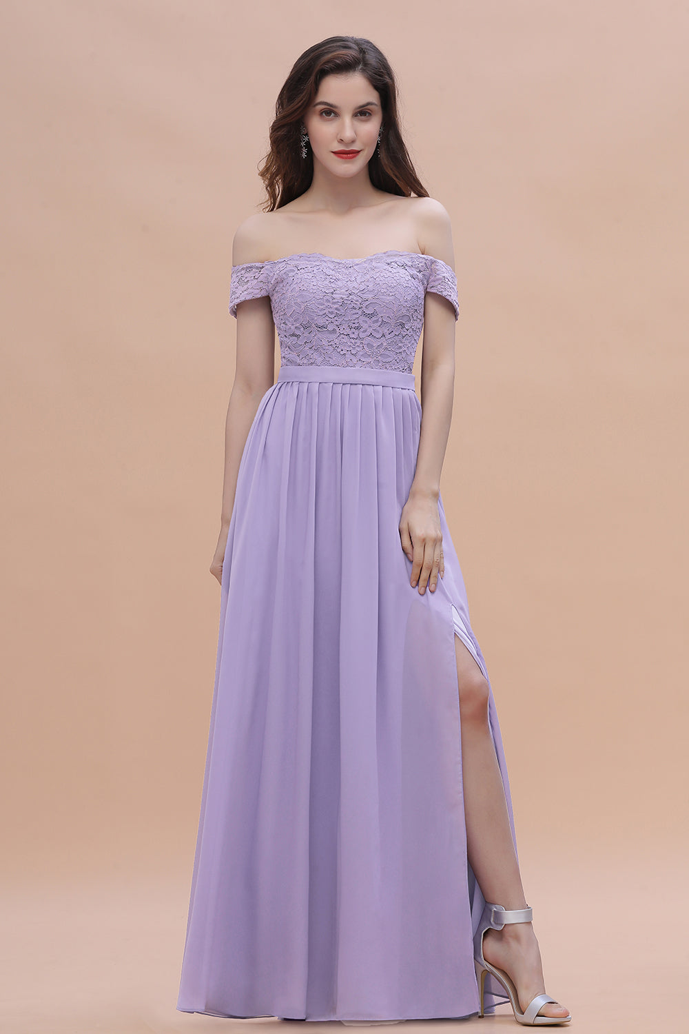 Sexy Off-the-Shoulder Lace Chiffon Ruffles Bridesmaid Dresses with Slit On Sale