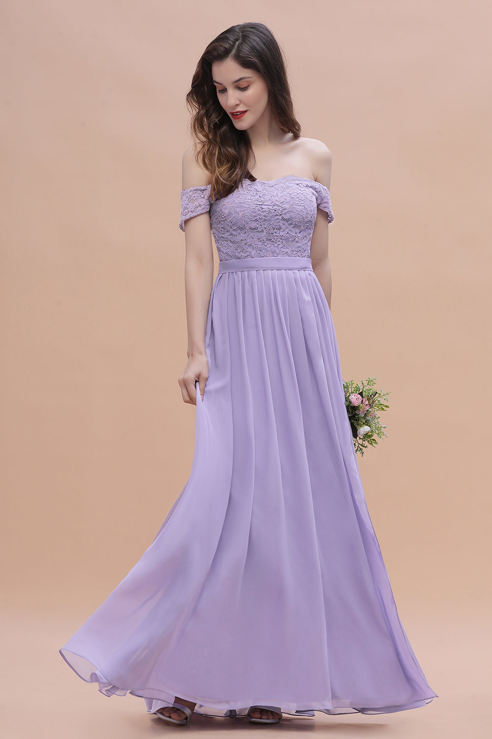 Sexy Off-the-Shoulder Lace Chiffon Ruffles Bridesmaid Dresses with Slit On Sale