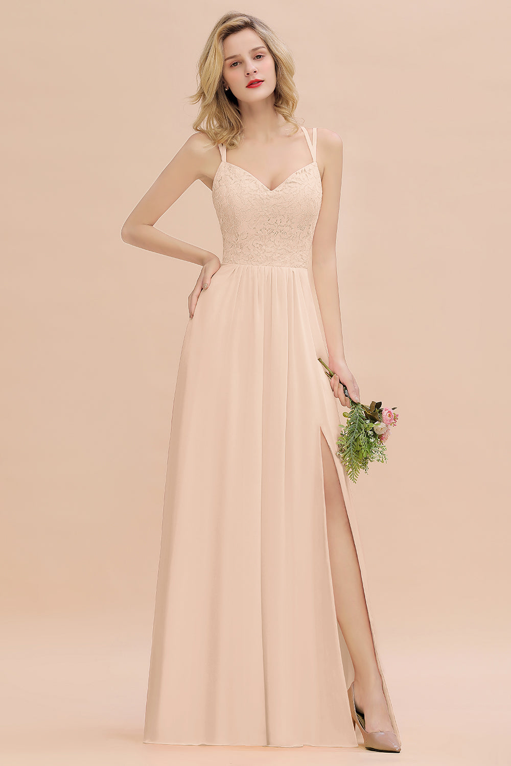 Sexy Spaghetti-Straps Coral Lace Bridesmaid dresses with Slit