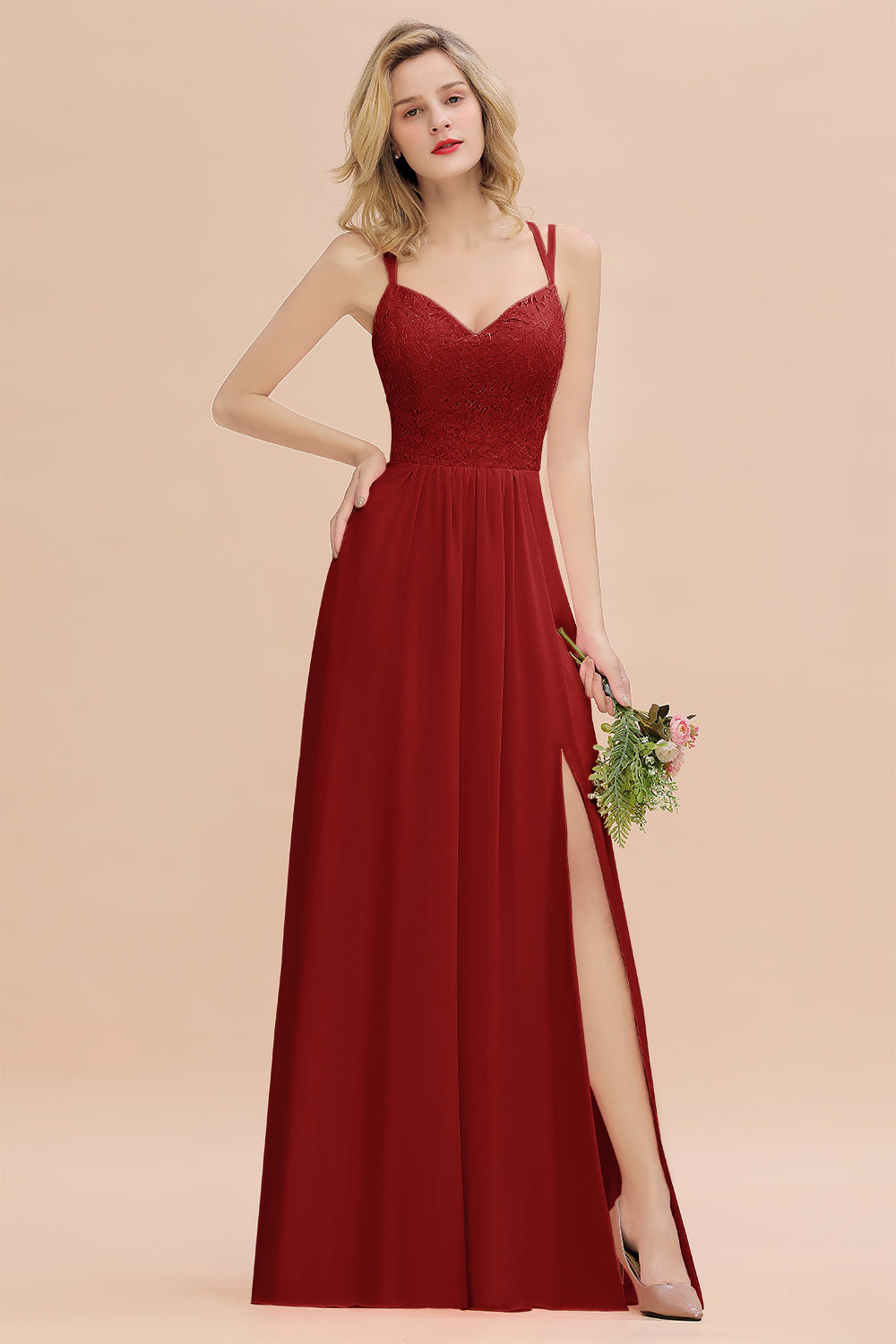 Sexy Spaghetti-Straps Coral Lace Bridesmaid dresses with Slit