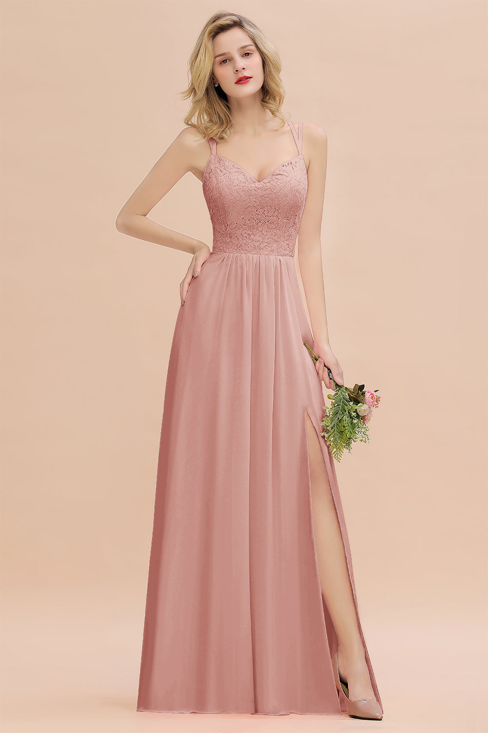 Sexy Spaghetti-Straps Coral Lace Bridesmaid dresses with Slit