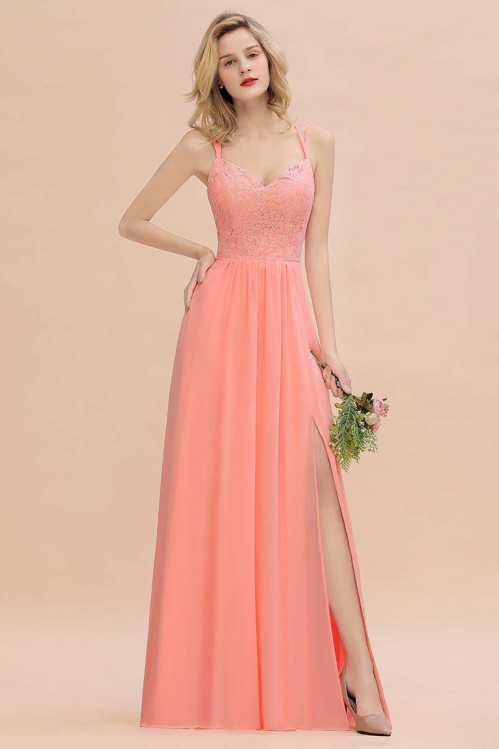 Sexy Spaghetti-Straps Coral Lace Bridesmaid dresses with Slit