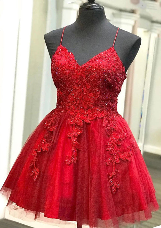 Short Homecoming Dress with Lace Tulle and Beading - Elegant A-line V Neck Sleeveless