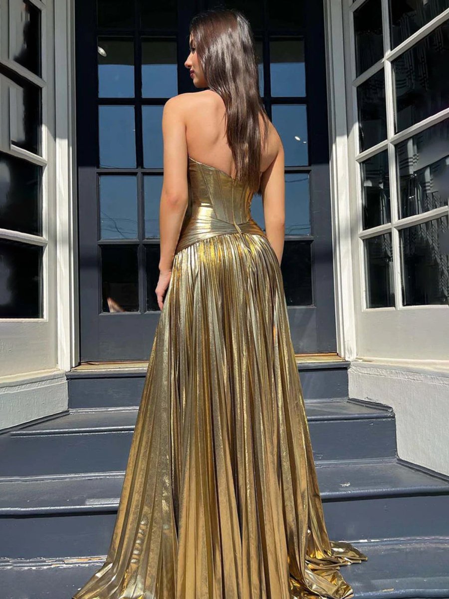 Sileas | Sweetheart Metallic Pleated Long Formal Dress With Slit
