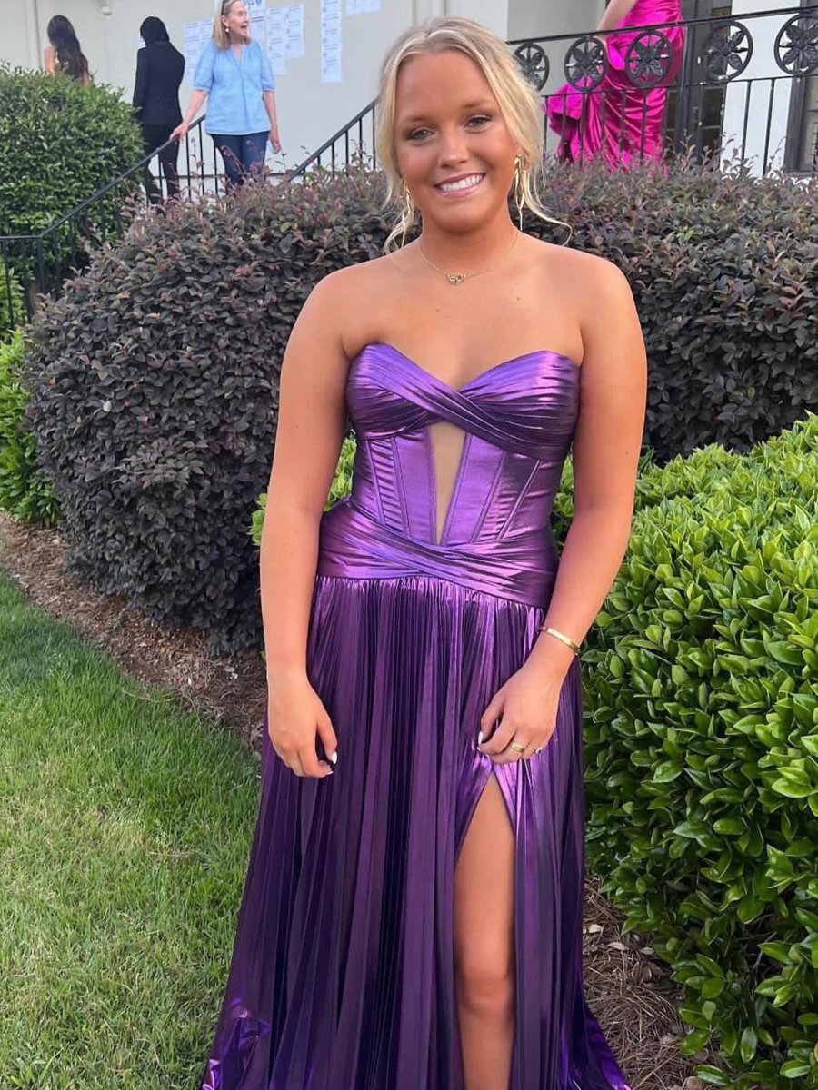 Sileas | Sweetheart Metallic Pleated Long Formal Dress With Slit