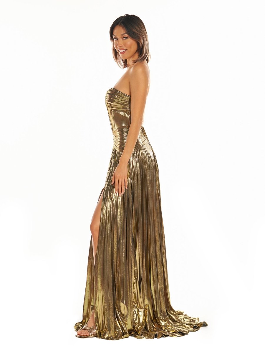 Sileas | Sweetheart Metallic Pleated Long Formal Dress With Slit