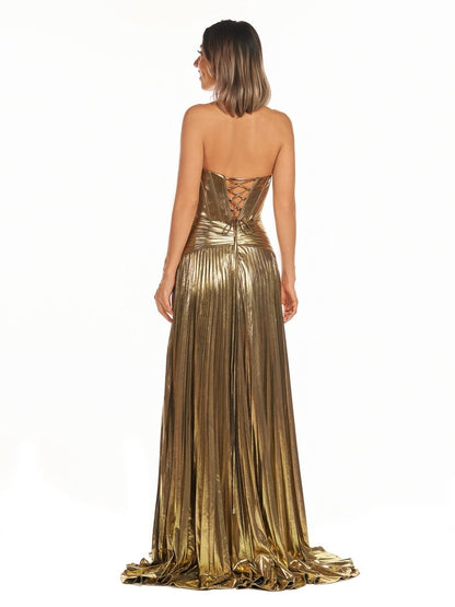 Sileas | Sweetheart Metallic Pleated Long Formal Dress With Slit