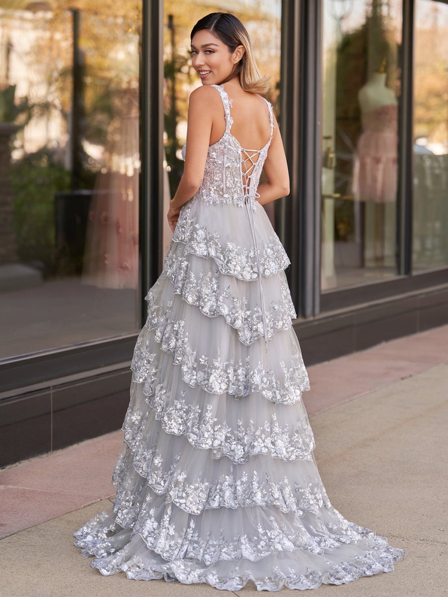 Silver Princess A Line Off the Shoulder Corset Prom Dress with Lace Ruffles