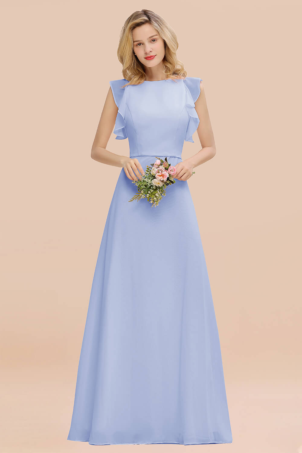 Simple Jewel Draped Sleeves Blushing Pink Bridesmaid Dresses