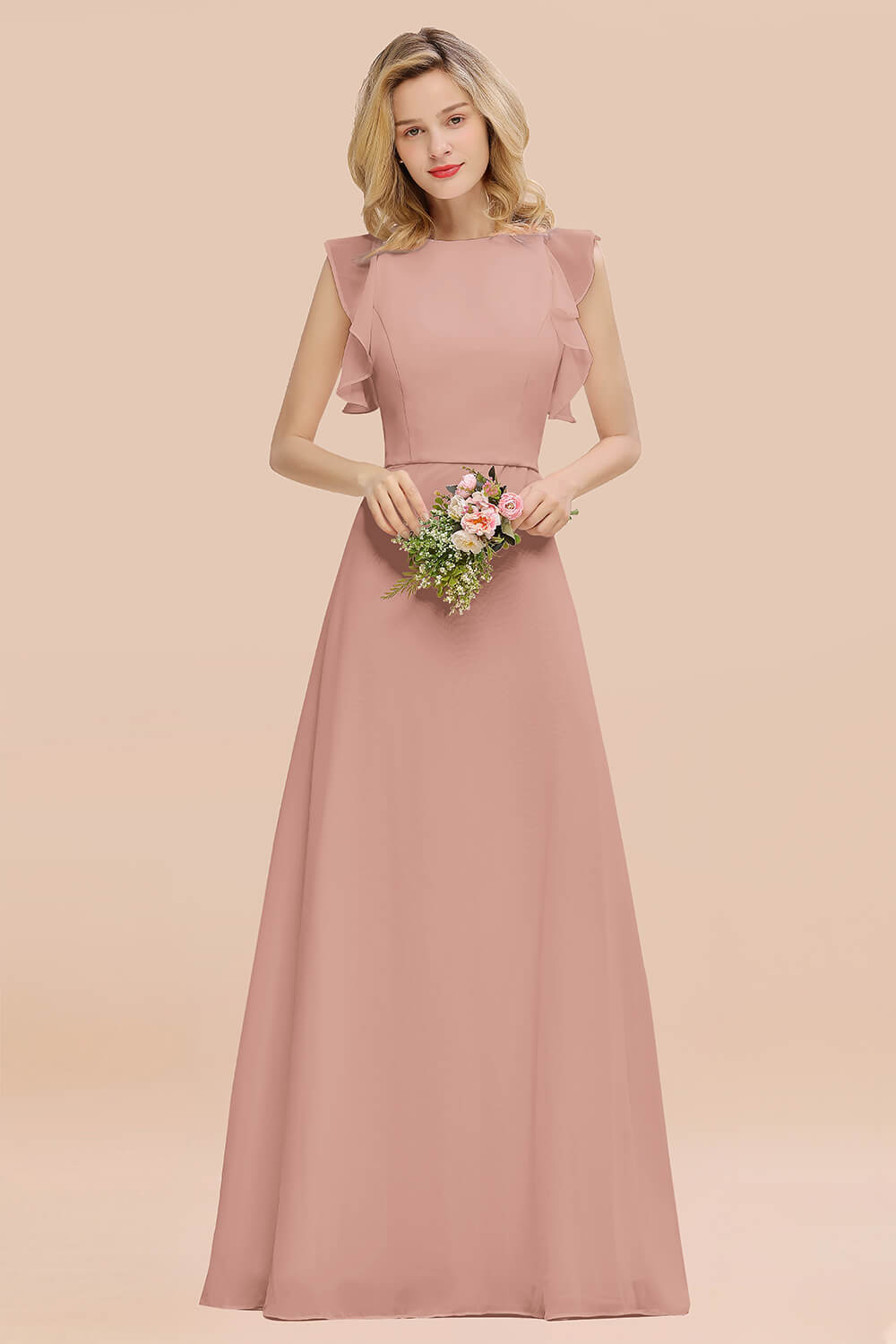 Simple Jewel Draped Sleeves Blushing Pink Bridesmaid Dresses