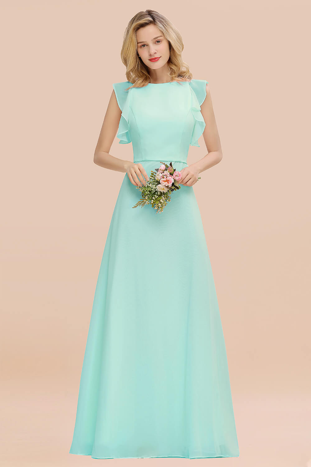 Simple Jewel Draped Sleeves Blushing Pink Bridesmaid Dresses