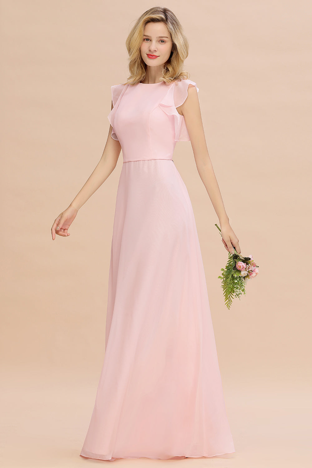 Simple Jewel Draped Sleeves Blushing Pink Bridesmaid Dresses