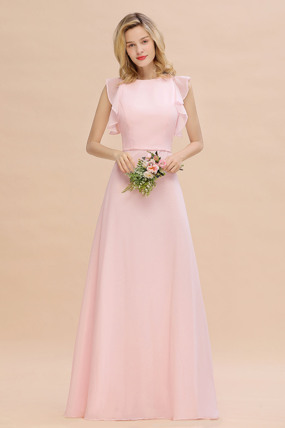 Simple Jewel Draped Sleeves Blushing Pink Bridesmaid Dresses