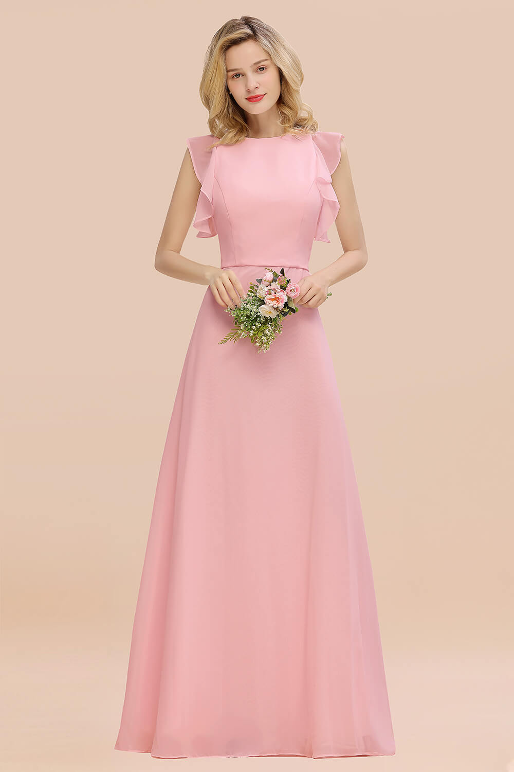 Simple Jewel Draped Sleeves Blushing Pink Bridesmaid Dresses