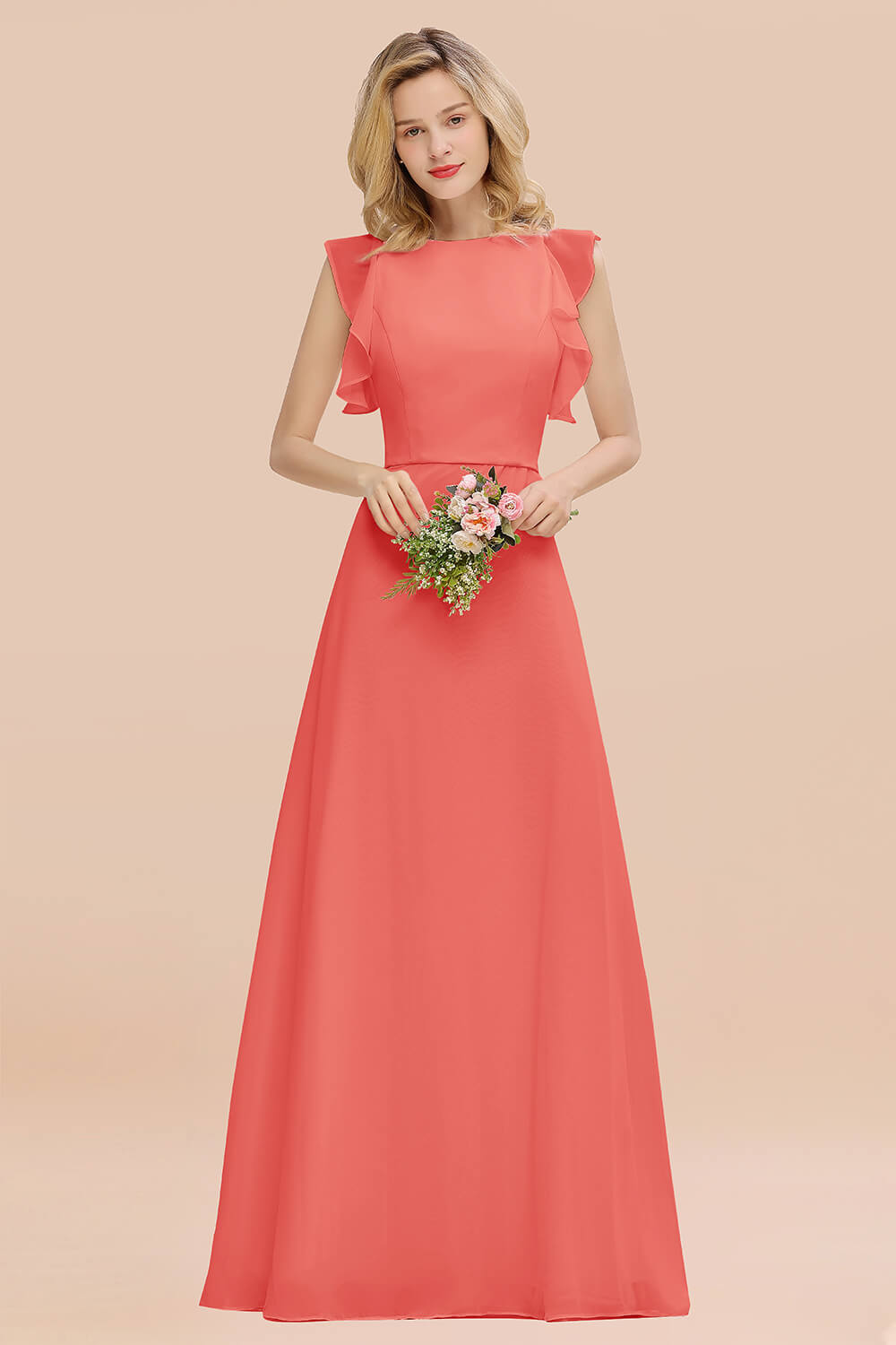 Simple Jewel Draped Sleeves Blushing Pink Bridesmaid Dresses