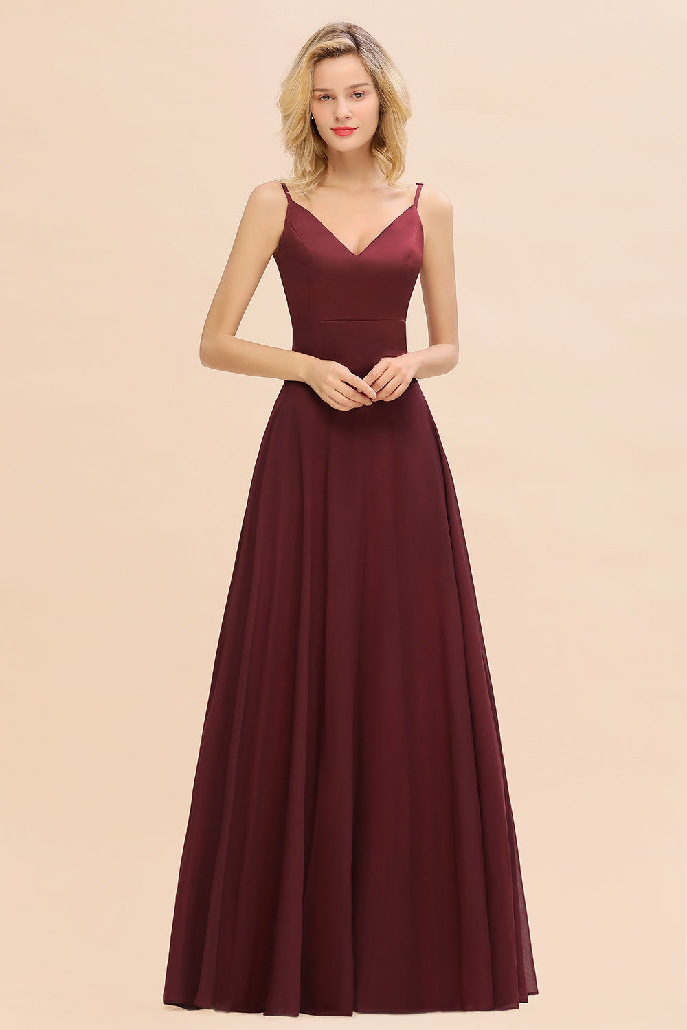 Simple Satin Chiffon Spaghetti-Straps Burgundy Long Bridesmaid Dresses