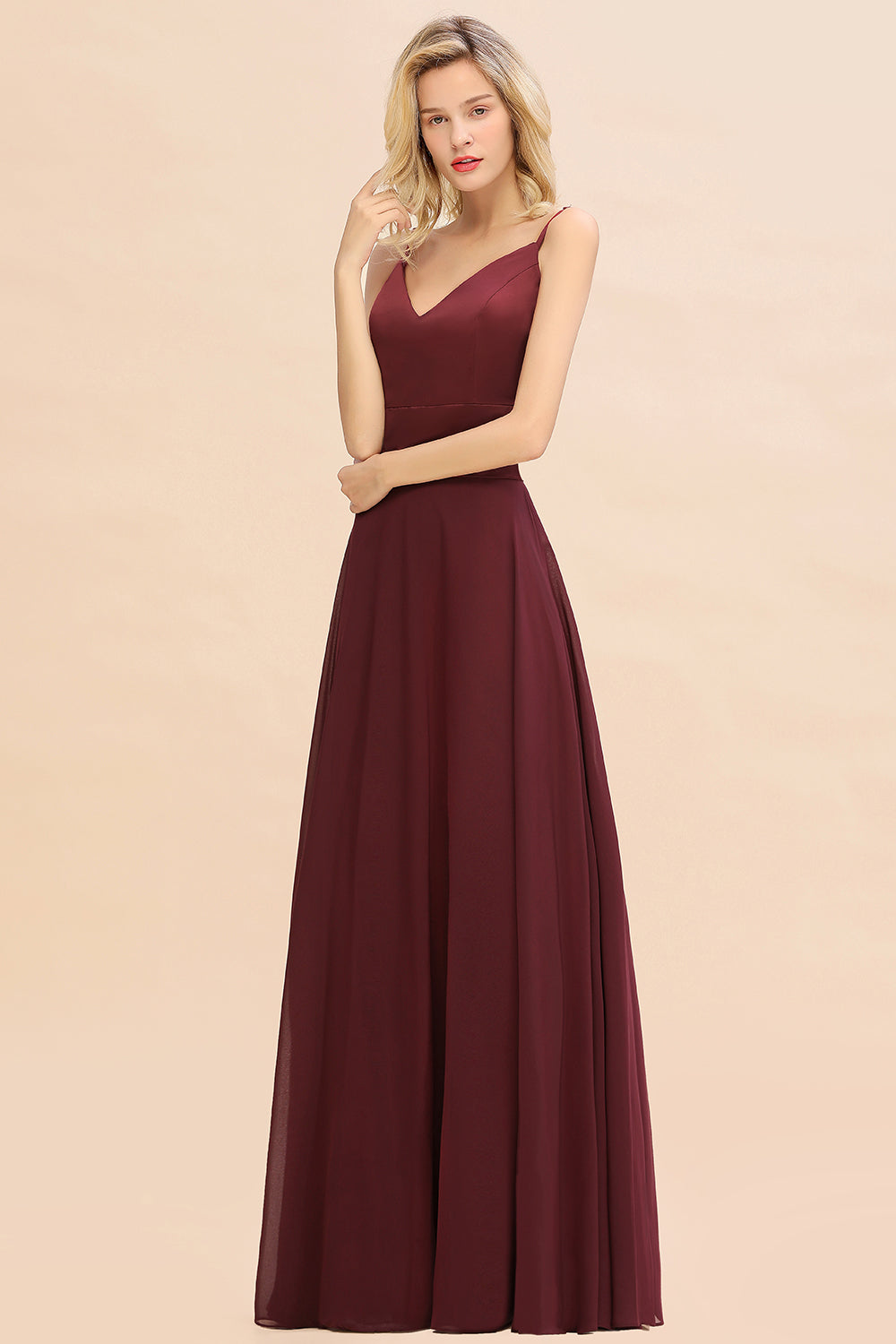 Simple Satin Chiffon Spaghetti-Straps Burgundy Long Bridesmaid Dresses