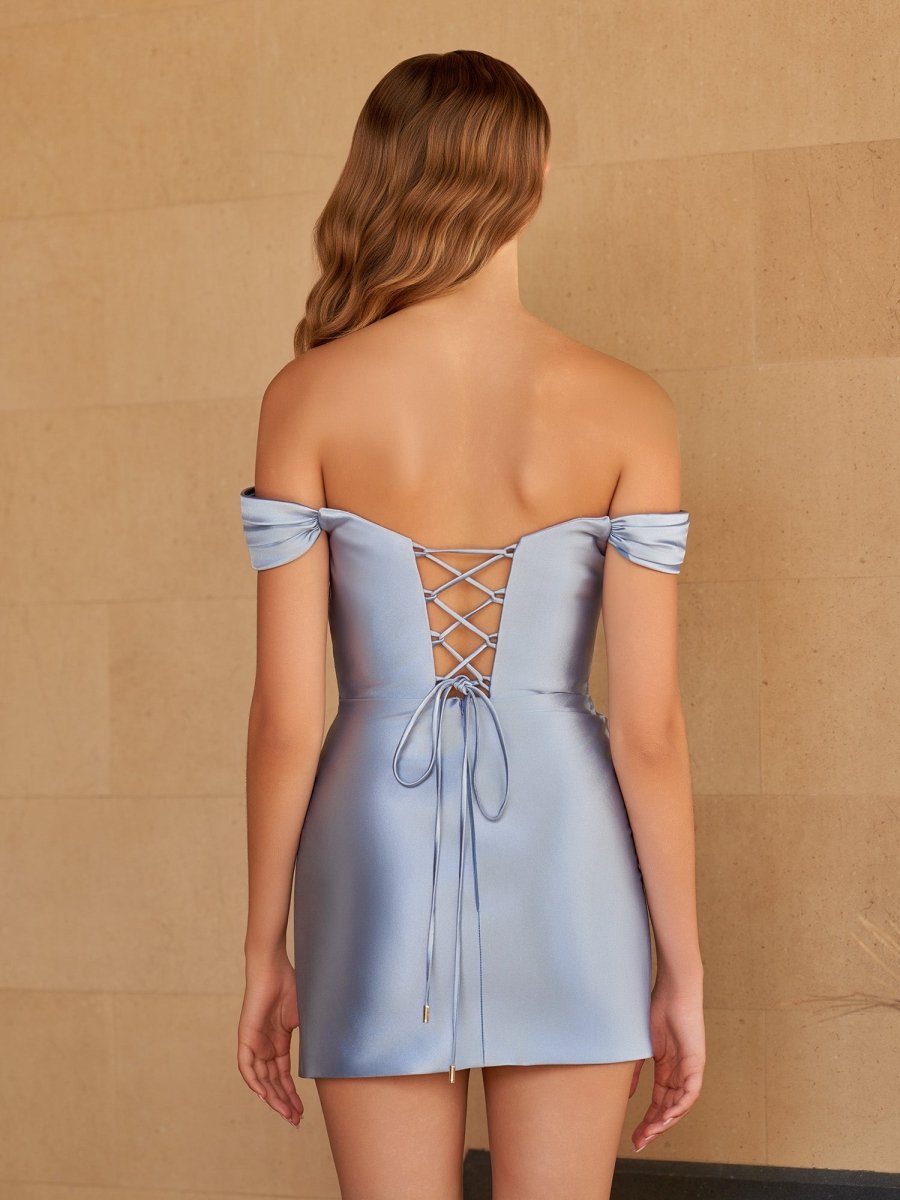 Sevoba|Dusty Blue - Bodycon Satin Off the Shoulder Homecoming Dresses with Beads