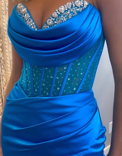 Siva | Royal Blue Strapless Satin Mermaid Prom Dress With Beading