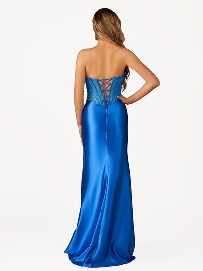 Siva | Royal Blue Strapless Satin Mermaid Prom Dress With Beading