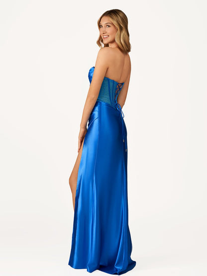 Siva | Royal Blue Strapless Satin Mermaid Prom Dress With Beading