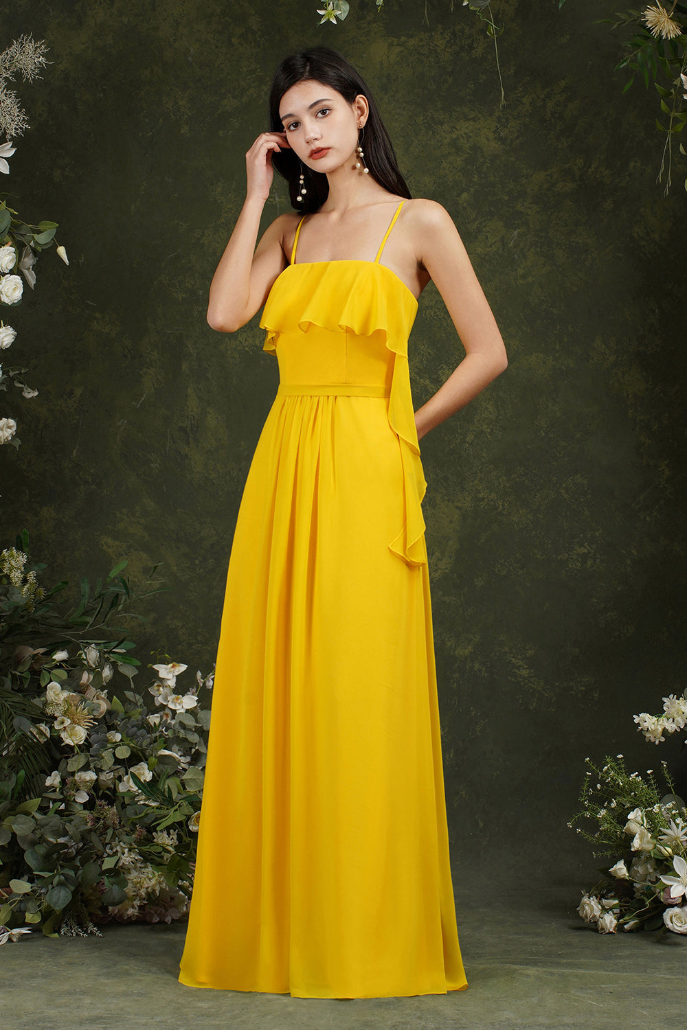 Spaghetti-Straps Bridesmaid Dresses Chiffon With Pockets Ruffles