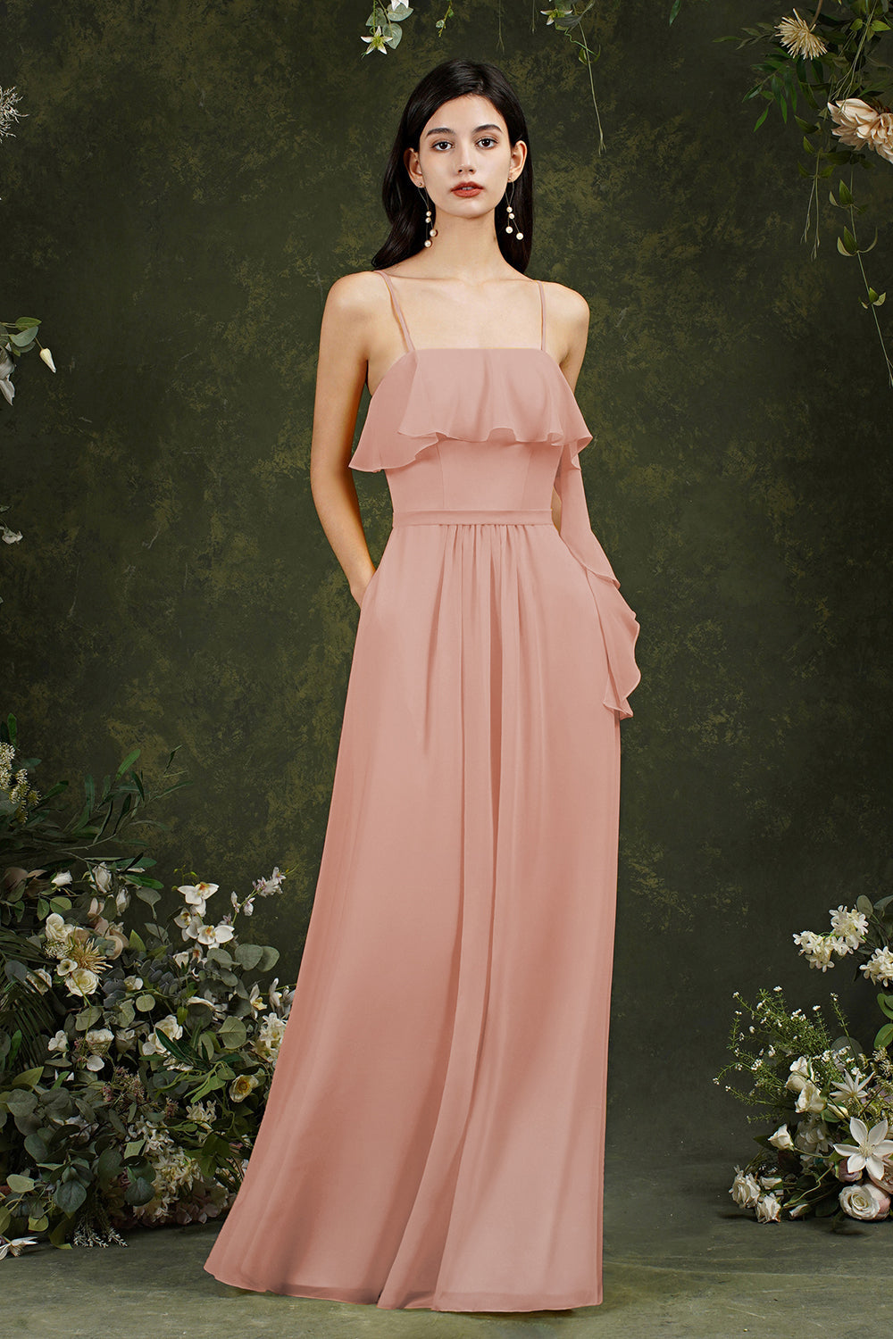 Spaghetti-Straps Bridesmaid Dresses Chiffon With Pockets Ruffles