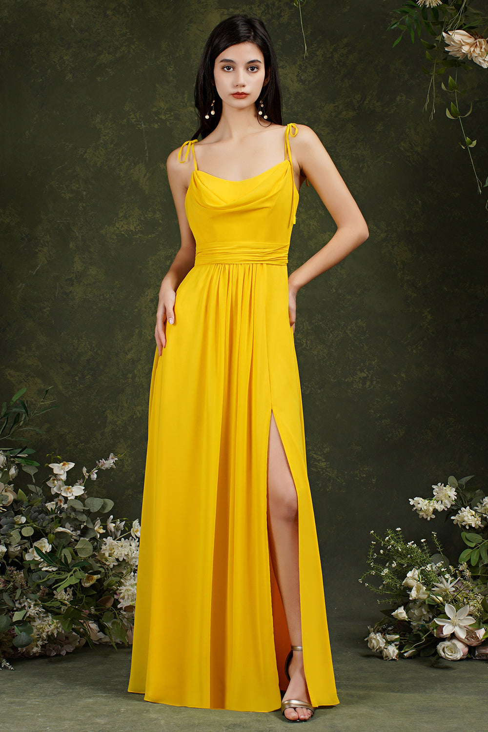 Spaghetti-Straps Bridesmaid Dresses Chiffon With Slit